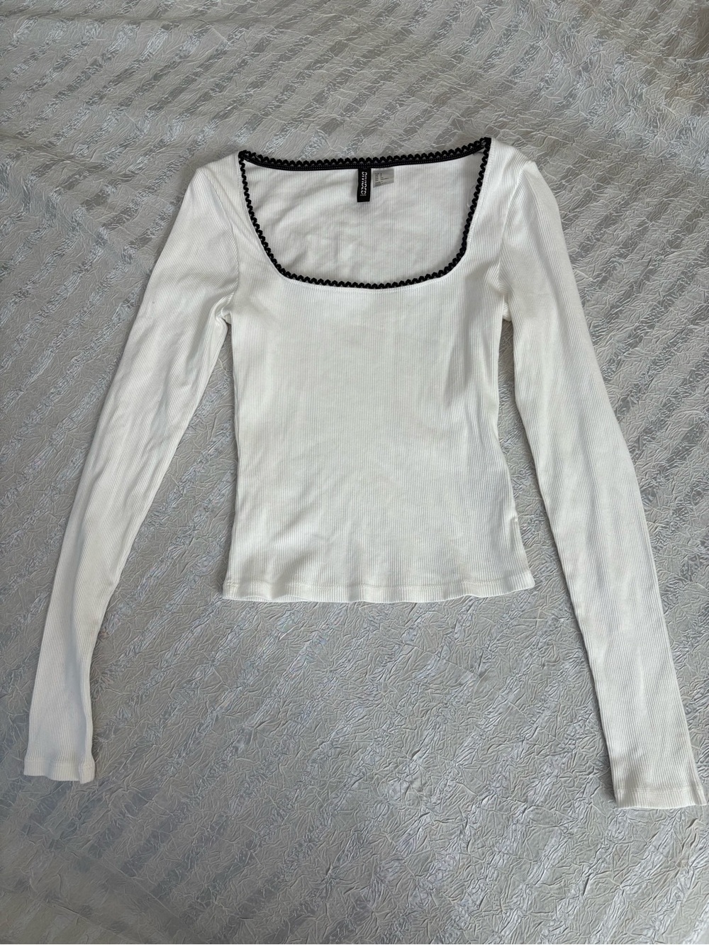 Divided White Long Sleeve Square Neck Top with Black Trim